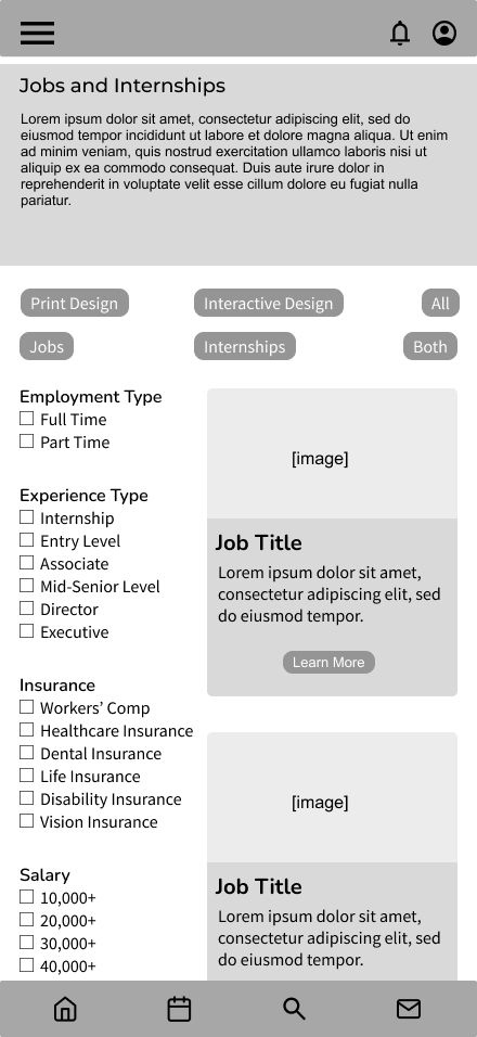 Jobs and Internships Wireframes