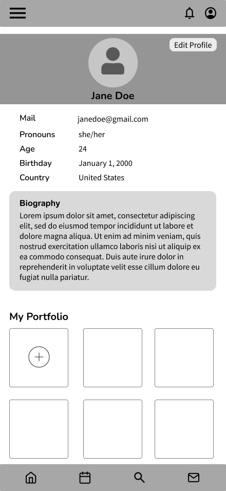 User Account Wireframes